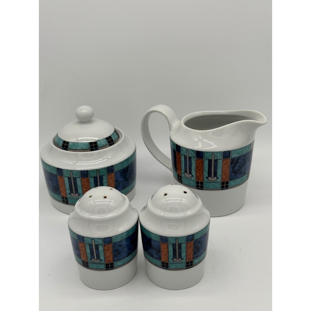 Vintage Pfaltzgraff Cityscape Creamer Sugar Salt Pepper Shaker Set Art Deco MCM